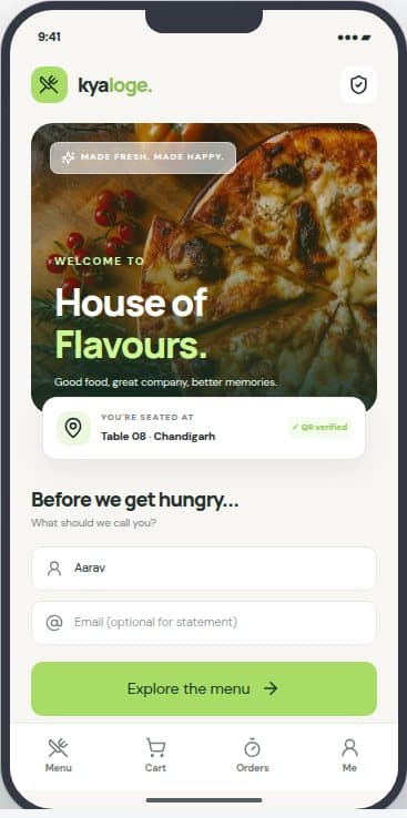 Sample KyaLoge welcome mobile screen, illustrative data