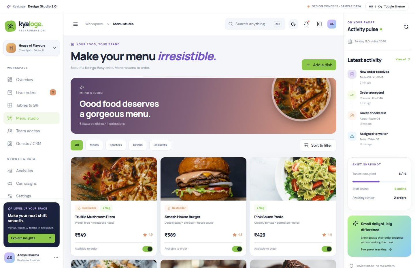 menu illustrated KyaLoge interface with sample data
