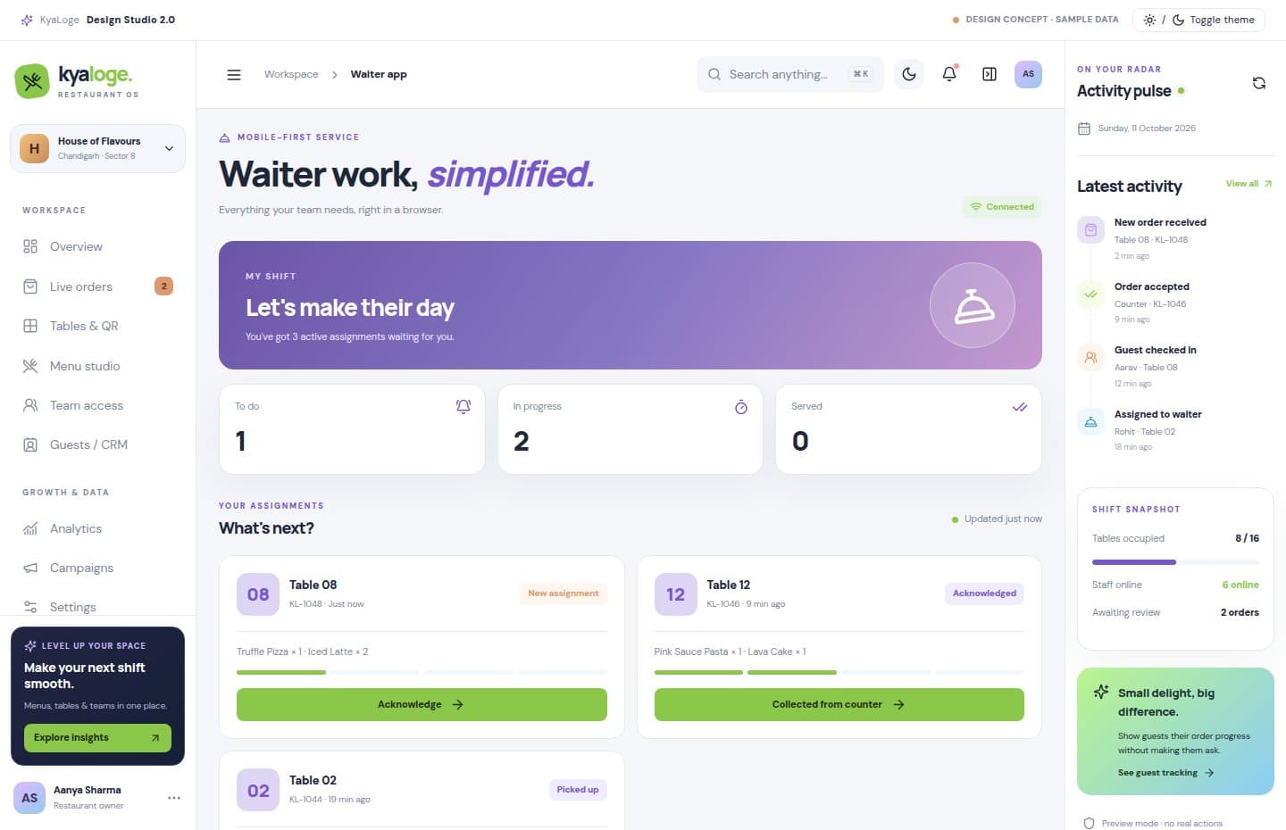 waiter illustrated KyaLoge interface with sample data