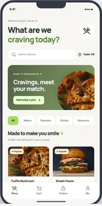 Sample KyaLoge guest menu with food categories and dishes