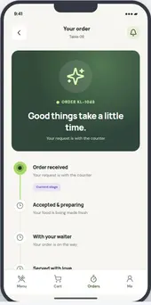 KyaLoge illustrative guest order-tracking preview with counter review status